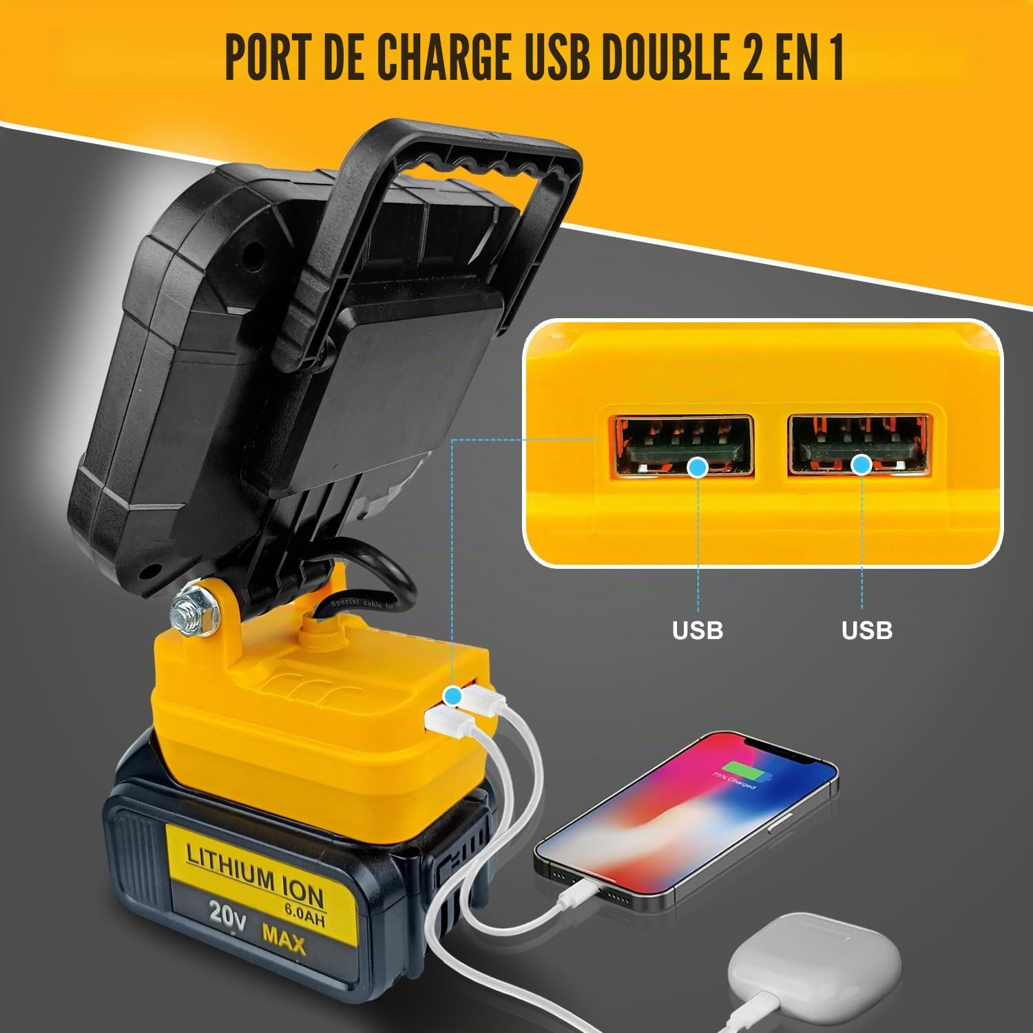 Lampe LED sans fil pour batterie Dewalt 20 V max (pas de batterie), projecteur LED 35 LED, projecteur de chantier, lampe de garage 105 W, lampe de travail avec double port de charge USB