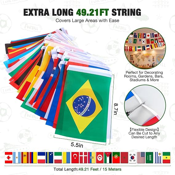 2026 Summer Soccer Match 48 Countries String Flag, Soccer Tournament National Flags Pennant Bunting Banner, World Flag for Soccer Party Supplies (1)