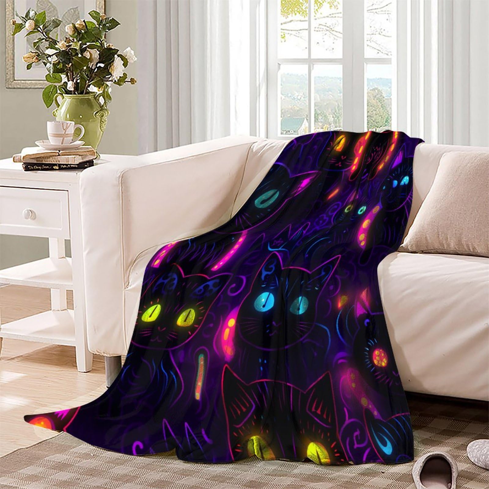 Gattino neon Coperta in Flanella 3D Con Stampa Di Gatto Peluche Coperte Microfibra Caldo Morbida Per Bambini Adulti Coperta Decorata ，per Divano Letto Ufficio 70x80inch(180x200cm)