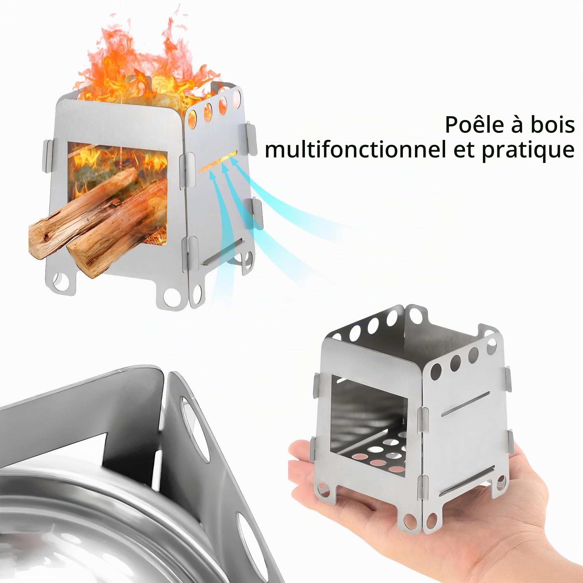 Petit Poele a Bois (Avec Plateau D'alcool), Poele Portable Amovible, Pique-nique Extérieur Multifonctionnel, Réchauds de Camping, Poêle Acier Inoxydablex, Cuisinière Camping Extérieure