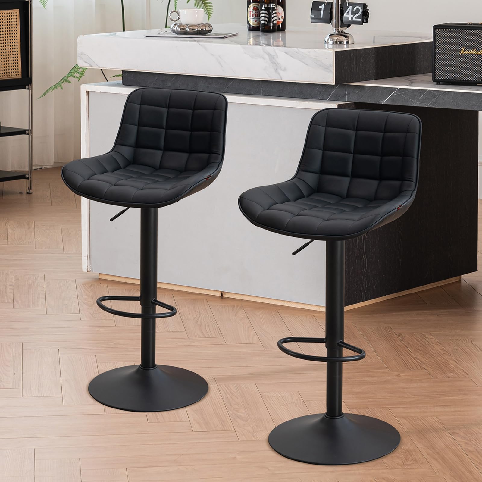 YOUTASTEModern Bar Stools Set of 2, PU Leather Height Adjustable Swivel Chair with Backrest & Footrest, Height Counter Stools for Breakfast Bar, Kitchen, Black