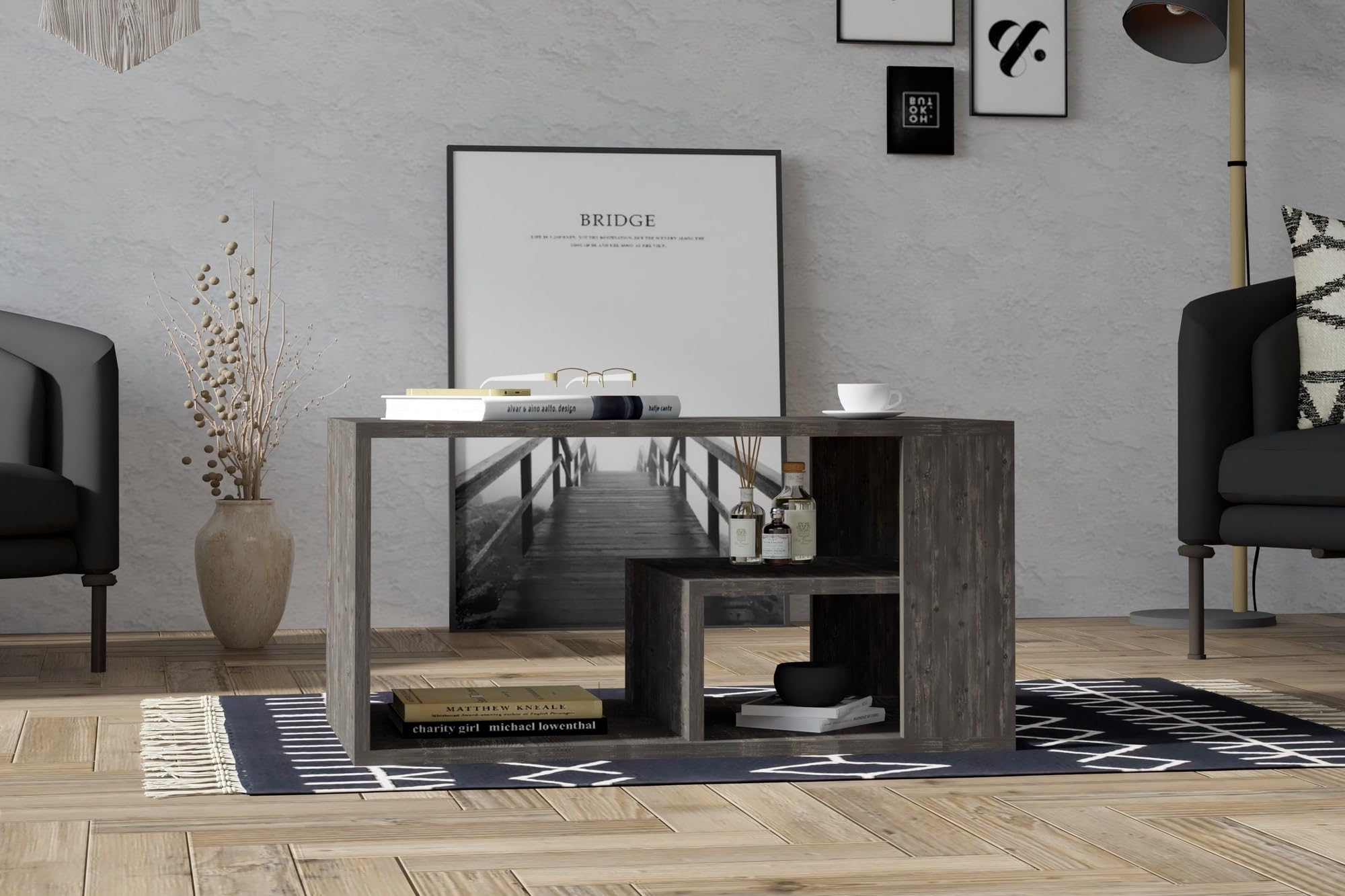 Hanah Home Modern Anthracite Coffee Table, 80 x 50 x 40 cm, 100% Melamine Coated Particle Board, 18 mm, Wall-Fixable, Extra Storage & Shelves, Scandinavian Design