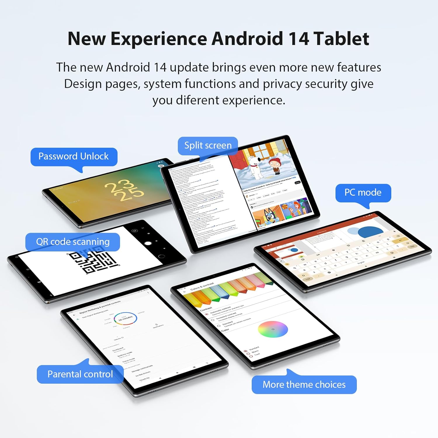 Screenshots of the BEYNIVAN L60-EEA tablet demonstrating various Android 14 features like password unlock, split screen, PC mode, QR code scanning, parental control, and theme choices.