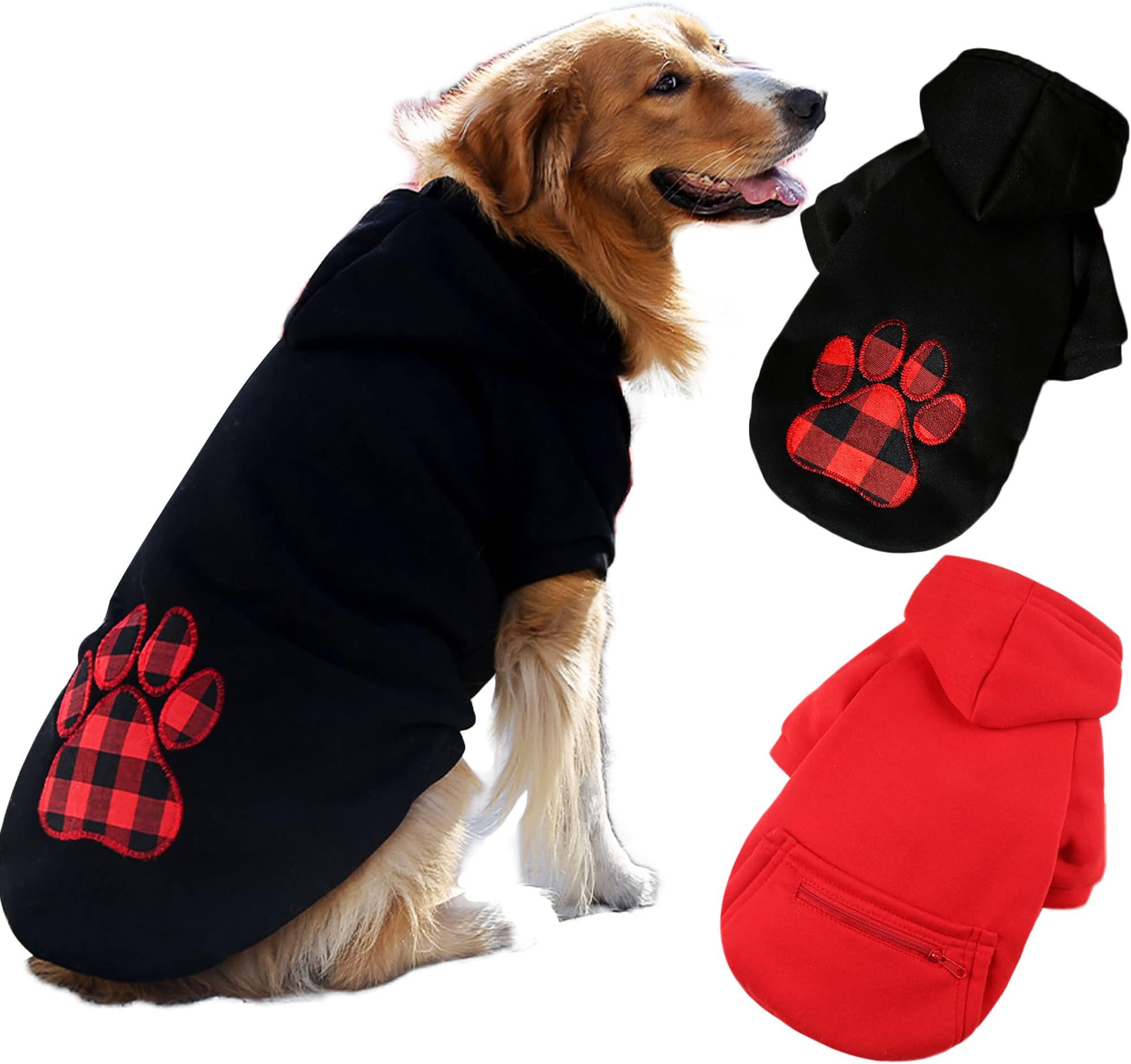 2Pcs Large-Dog Jumpers Sweaters-Hoodies - Costumes Outfits Clothes Apparel for Winter Warm Coat Holiday Xmas Pet (Large, Black+Red)