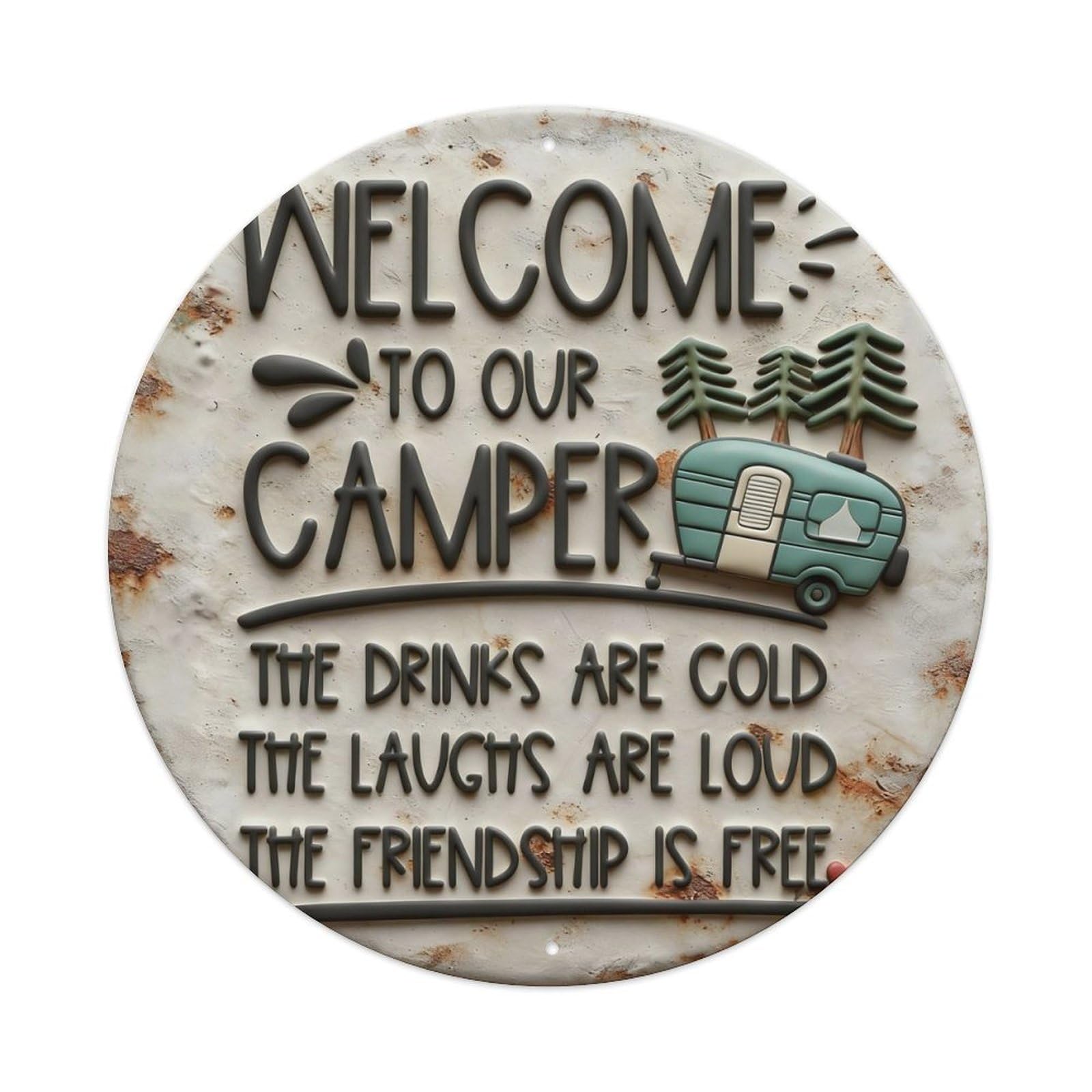 Zlatcbu Vintage Welcome To Our Camper The Drinks Are Cold Metal Tin Sign Retro Wall Art Poster, Decor For Home Living Room Bar Cafe Garage, 8X8 Inch