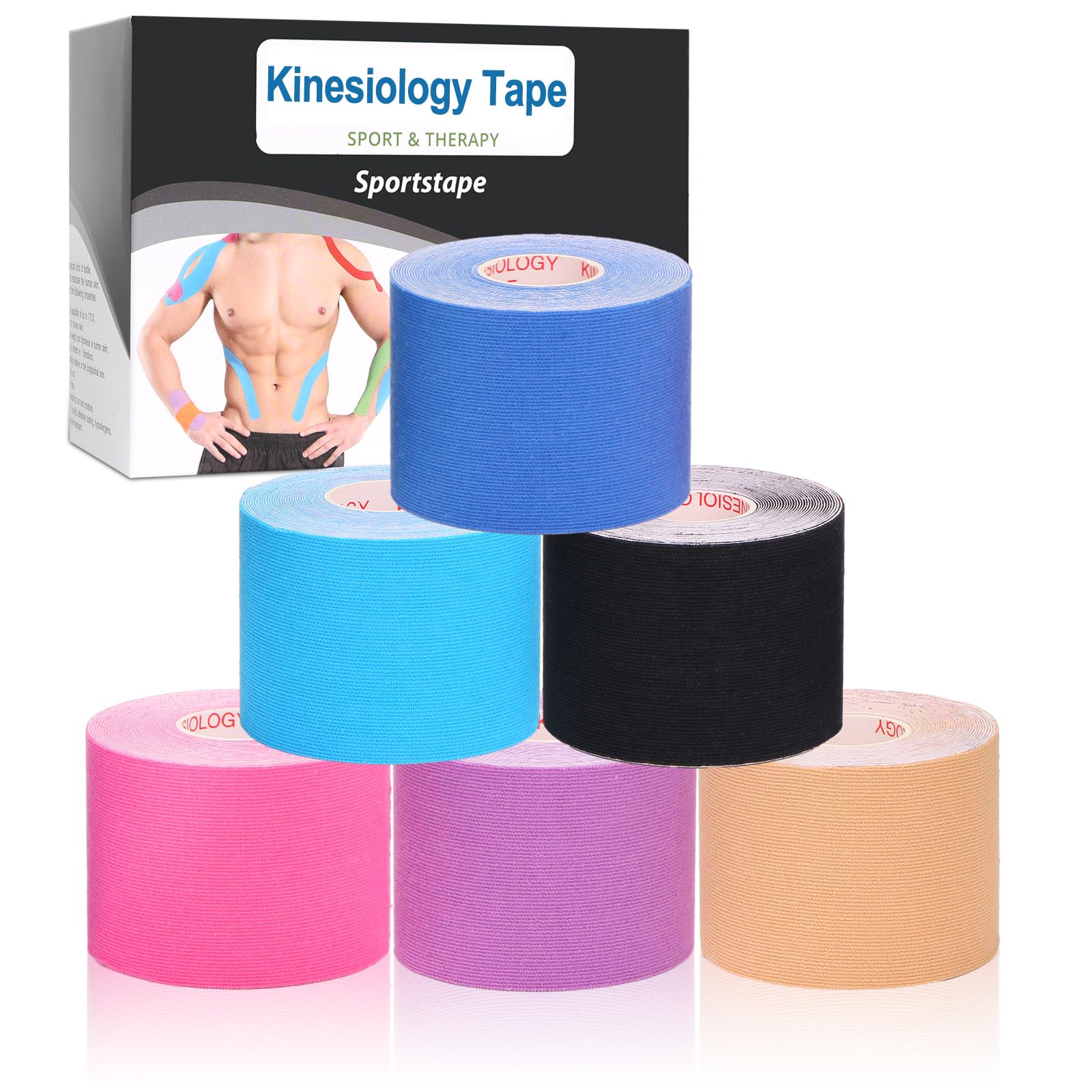 Gotaqery Kinesiology Tape (6 Rolls Pack), Waterproof Elastic Muscle Support Tape for Exercise, Sports & Injury Recovery, Breathable & Latex Free, 5cm x 5m Per Roll (Mixed Color)