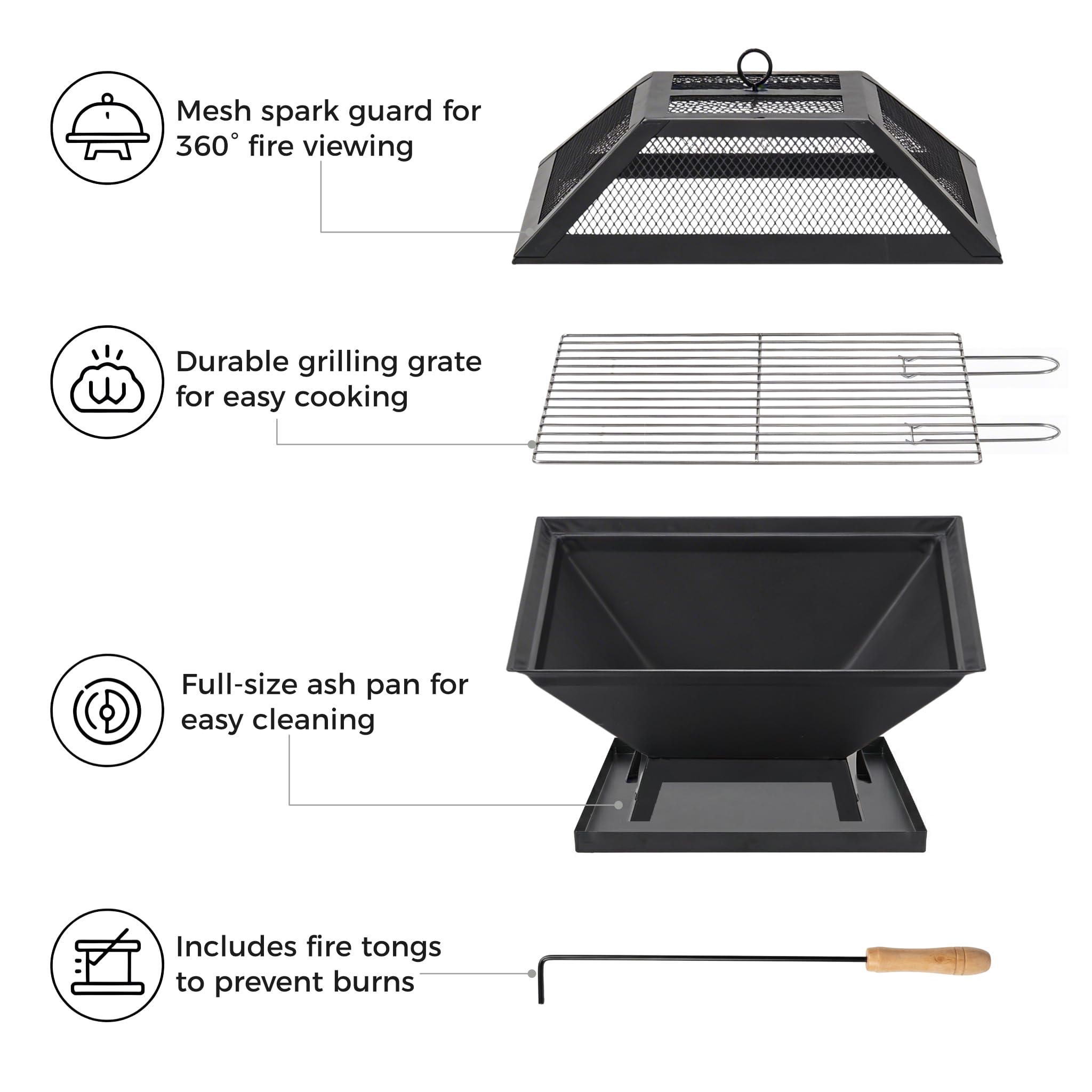 Vivo Technologies Square Fire Pit with BBQ Grill, Metal Fire Pit BBQ with Mesh Lid & Poker, Outdoor Garden Patio Heater Firepit, Sturdy and Durable Iron Construction - Great for Camping, Picnics or the Garden in use