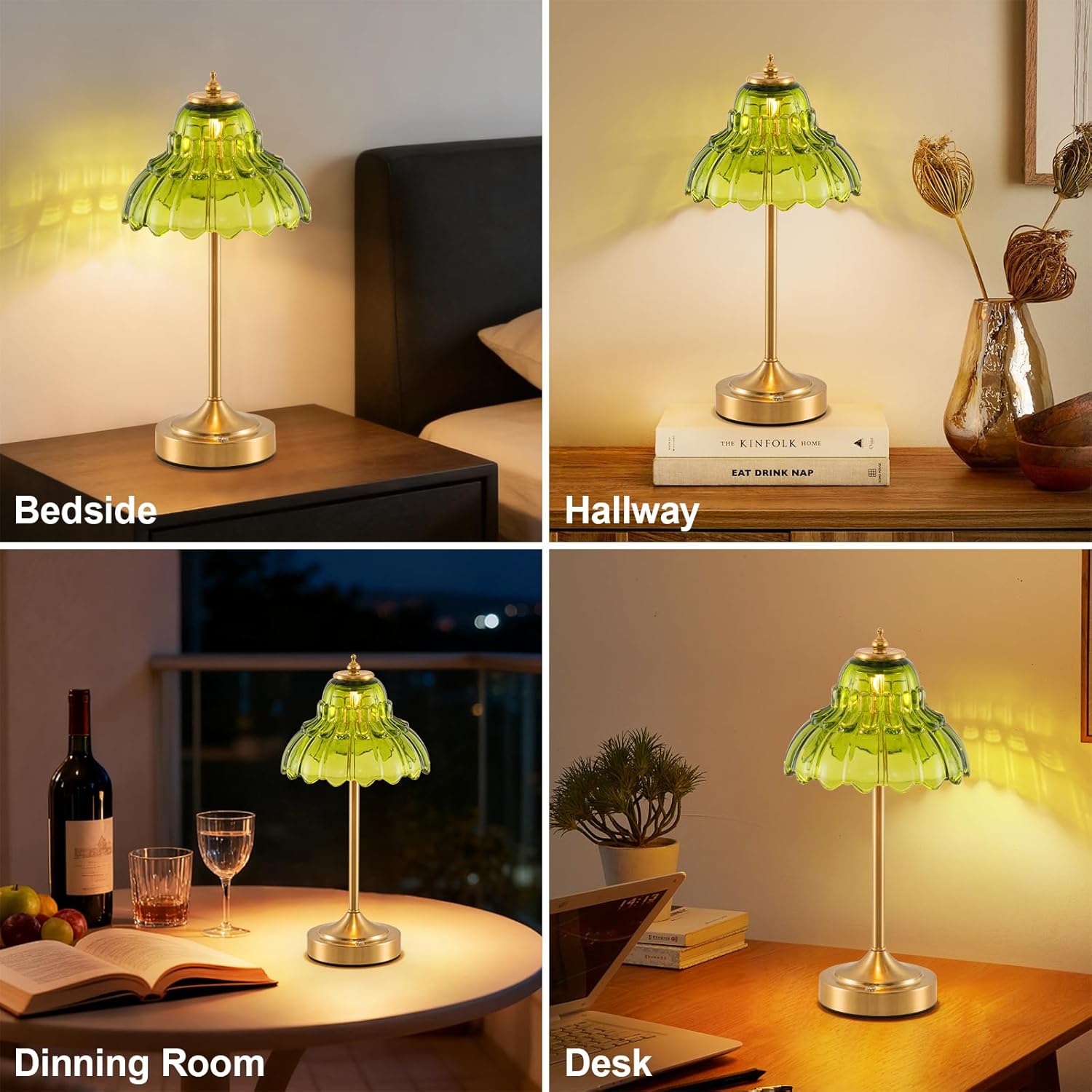 Cordlss Touch Control Table Lamp, 6000mAh Rechargeable Table Lamp, Battery Operated Portable Table Lamp, 3-Color Dimmable Table Lamp for Bedroom, Office, Nightstand & Room Decor -Flower Green