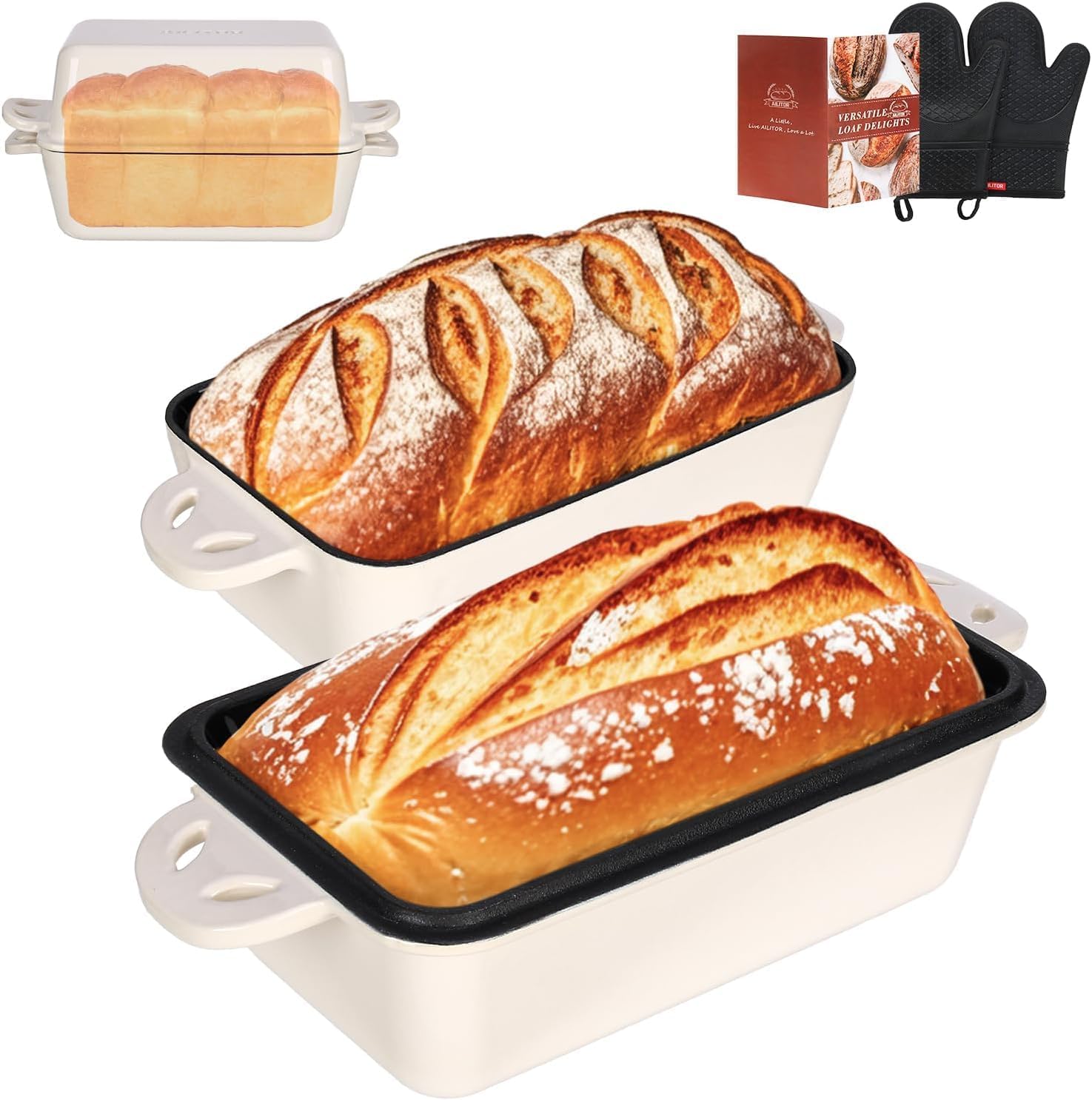 9x5 Inch Cast Iron Loaf Pan with Lid, Large Loaf Pans for Sourdough Bread Baking, Even Heat Distribution Dutch Oven Bread Loaf Pan for Homemade Bread, Meatloaf (4.5Qt, White,)