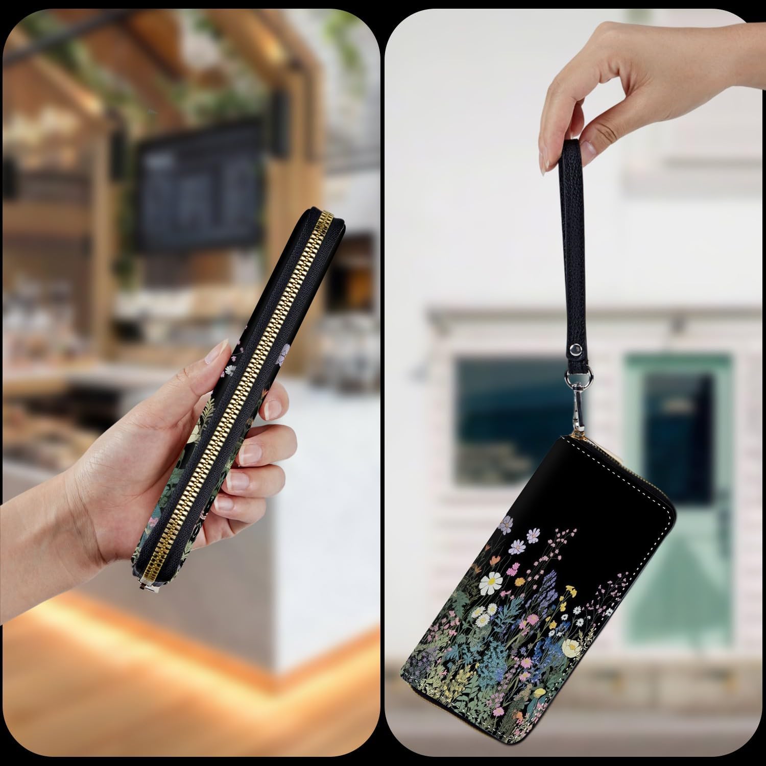 Wristlet Wallet for Women Teen Girls RFID Blocking Credit Card Holder with Removable Wristlet, Leather Phone Wallet Clutch Large Capacity Ladies Travel Purse-Midnight Flowers - Image 4