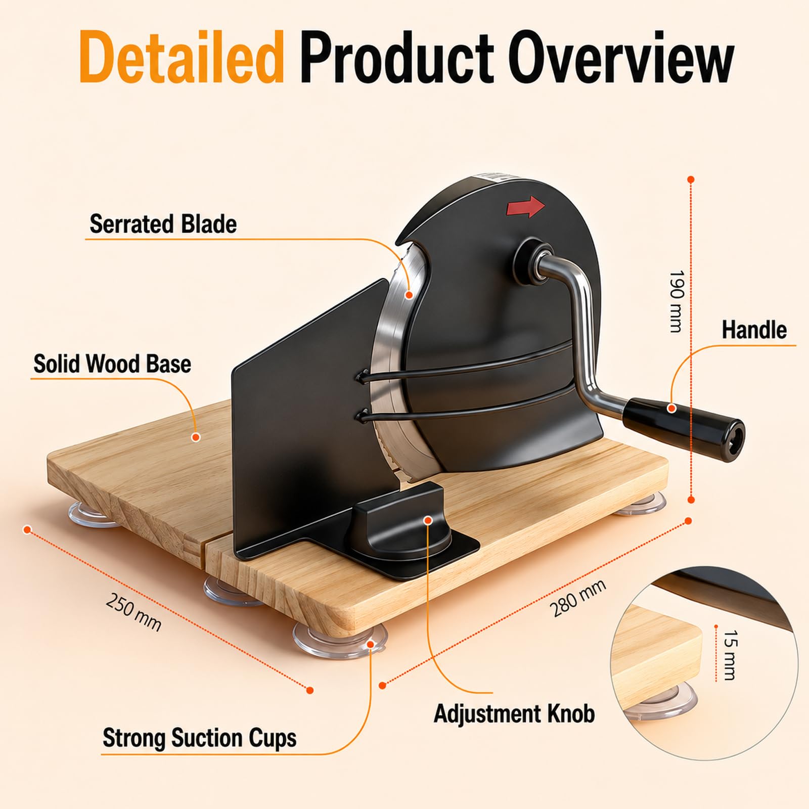 Cortadora Manual de Pan, Rebanadora con Manivela Ajustable 1–20 mm | Cuchilla Dentada, Base de Madera Plegable y Ventosas para Pan, Tostadas, Bollería, Queso y Salchichas(black)