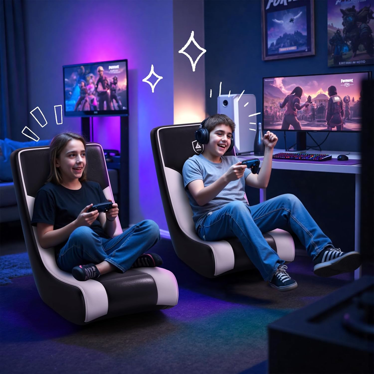 gtracing floor rocking gaming chair – floor rolling game chairs with angle limiter, gamer rocker floor seat, compact & lightweight, black & white
