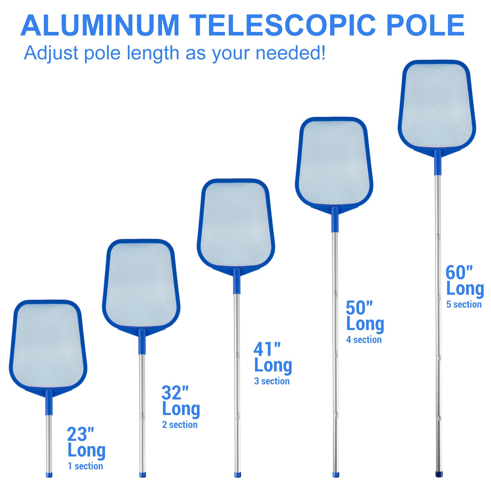 Skimmer de piscina – Red de skimmer de piscina con poste, poste de aluminio telescópico ajustable de 5 secciones, 23 a 60 pulgadas, rastrillo de malla ultrafina, skimmer de hojas de piscina para