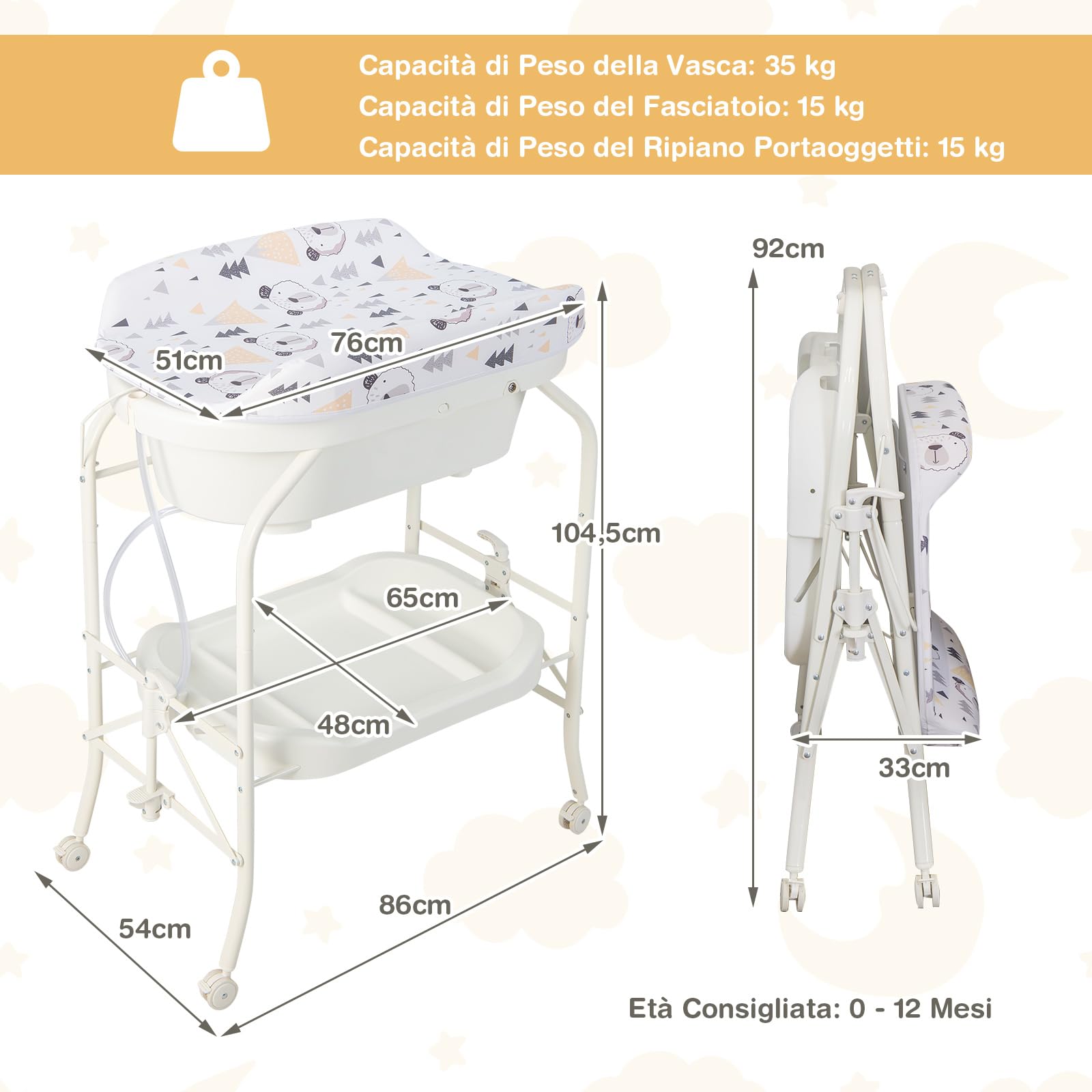 GYMAX Fasciatoio da Bagno per Bagnetto, con Vassoio Portaoggetti, Ruote con Freni, Pieghevole Salvaspazio con Materassino in PVC Ruote, 0-12 Mesi fino a 11kg, 86 x 54 x 104,5 cm (Bianco)