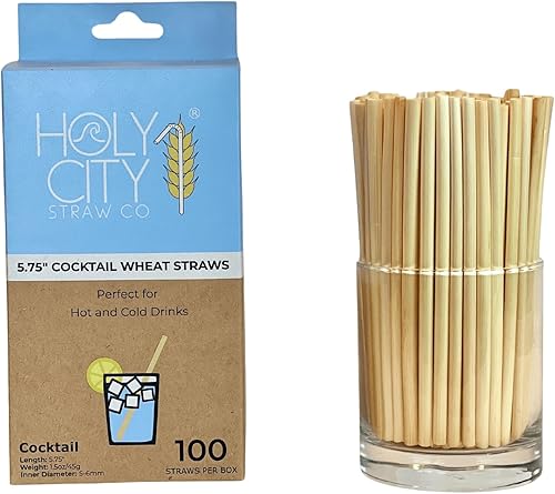 Pajitas de tallo de trigo de cóctel de alta calidad, 100 unidades, 5.75 pulgadas, 100% biodegradables, 100% a base de plantas, nunca se empañan, sin
