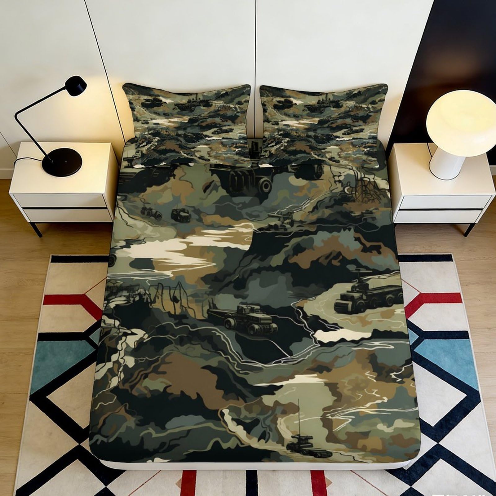 3D Printed Camouflage Military Fitted Sheet Microfiber Soft Breathable Army Vehicles Mattress Cover for Bedroom Dorm Decor 90x200x25cm