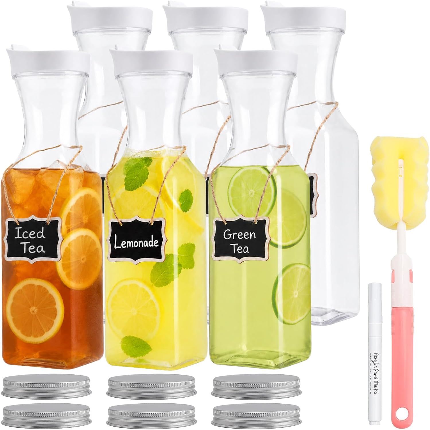 OBKJJ 6-PCS 33oz Plastic Carafe with Lid – Clear Water Pitcher, Juice Container for Refrigerator, Mimosa Bar & Parties