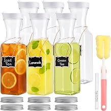 OBKJJ 6-PCS 33oz Plastic Carafe with Lid Clear Water Pitcher, Juice Container for Refrigerator, Mimosa Bar & Parties