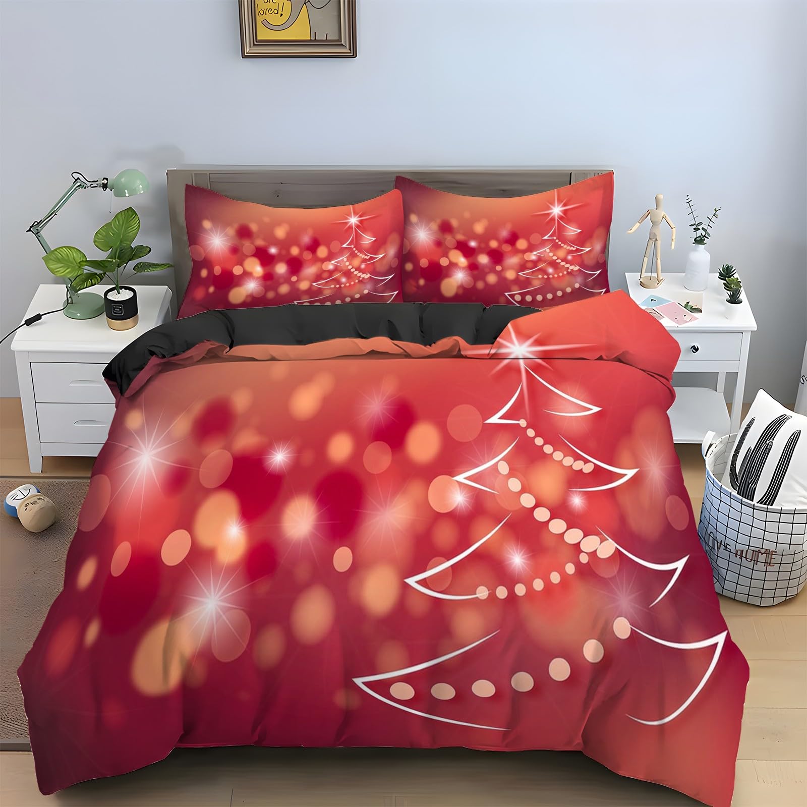 Housse couette en microfibre douce rouge 220x240 parure de lit avec fermeture éclair de Noël