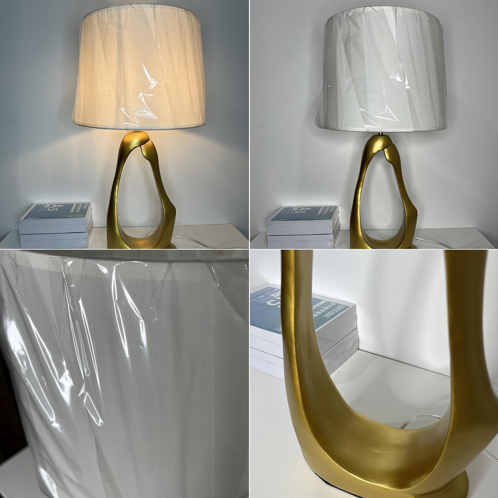 Złota lampa biurkowa, podstawa z żywicy z abażurem z tkaniny, włącznik przyciskowy, przewód 150 cm, do sypialni, salonu, biura, ciepłe oświetlenie do czytania, stolik nocny