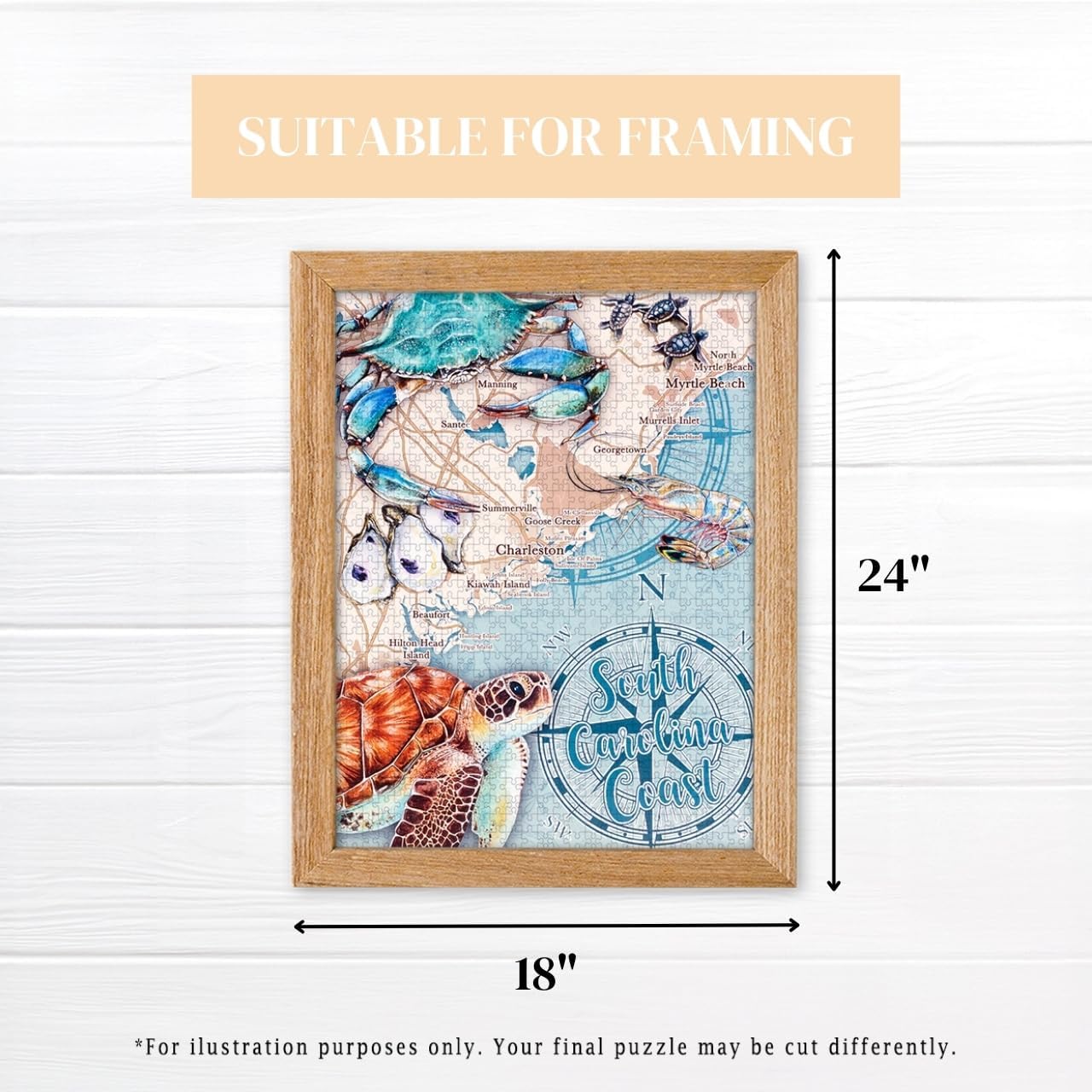 Heritage Puzzle - South Carolina Coast by Kira Talerico - 550 Piece Puzzle for Adults - Educational Coastal Map Jigsaw Puzzles with Sea Life & Landmarks - 18" x 24" Finished Size