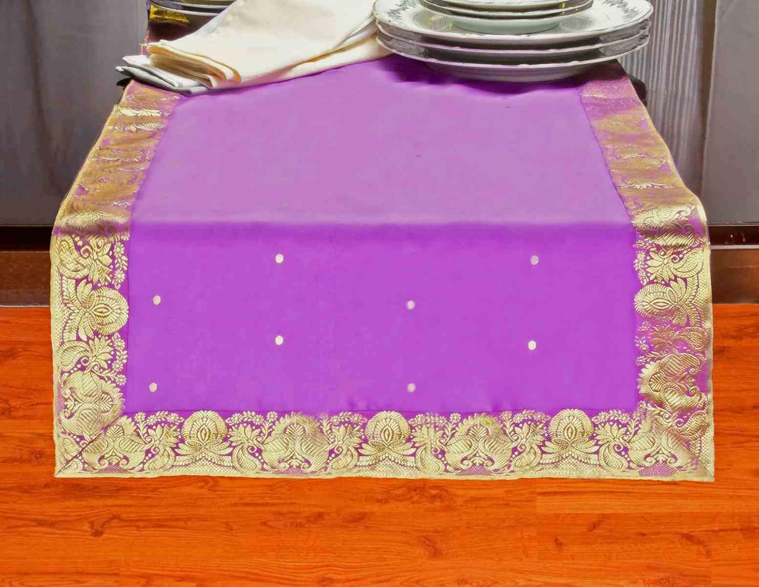 Calming Lavender Handmade Indian Design Table Runner for Wedding Receptions, Party Decorations & Decor for Every Occasion | Silk Sari Fabric Tablerunner with Golden Borders - 18x108 Inches