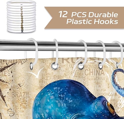 Miniatura 5 de Cortina de ducha de pulpo, cortina de baño retro con temática náutica, decoración de baño, tela de poliéster impermeable con 12 ganchos, 72 x 72