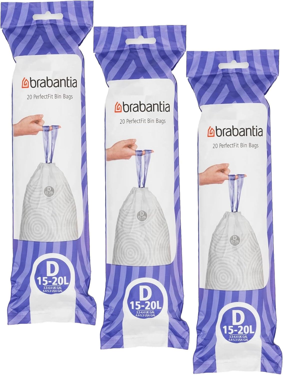 Brabantia PerfectFit Trash Bags (Size D / 4-5.3 Gal) Thick Plastic Trash Can Liners with Drawstring Handles (20 Bags) (Pack of 3)