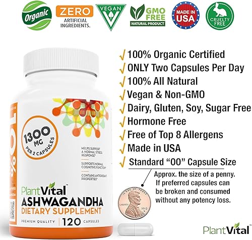 Vista 3 de Plantvital Cápsulas orgánicas de Ashwagandha con pimienta negra de 1300 mg – 120 cápsulas veganas para una respuesta normal al estrés, sueño normal