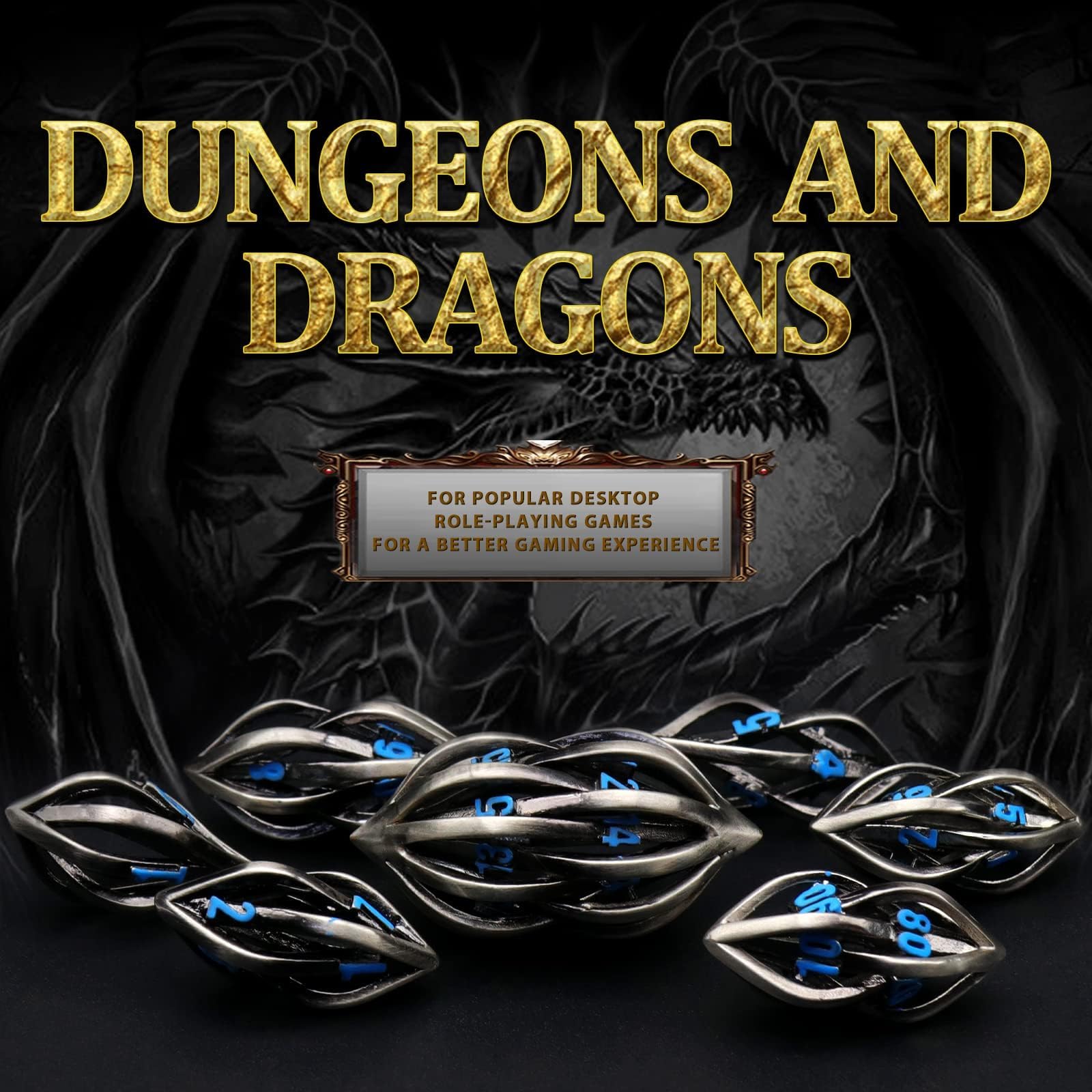 ZHOORQI Set Di 7 Dadi In Metallo Per D&D – Angeli E Demoni, Cavi, Con Custodia – Colore TS-Blue - 2
