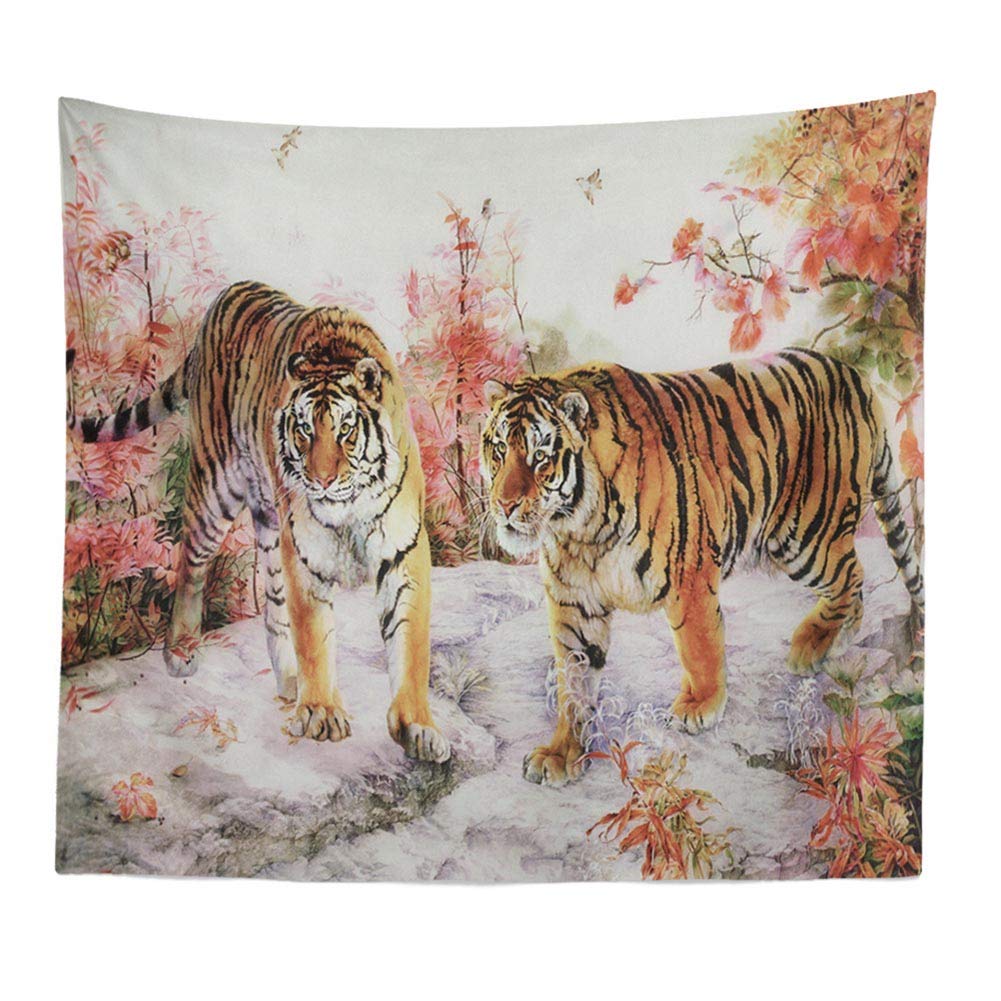 BOYOUTH Tapestry Wall Hanging,Watercolors Tiger Couple Rocks and Yellow Plants Pictures Digital Print Wall Tapestry Art Home Decorations for Living Room Bedroom Dorm,59.1" Wide By 51.2" High