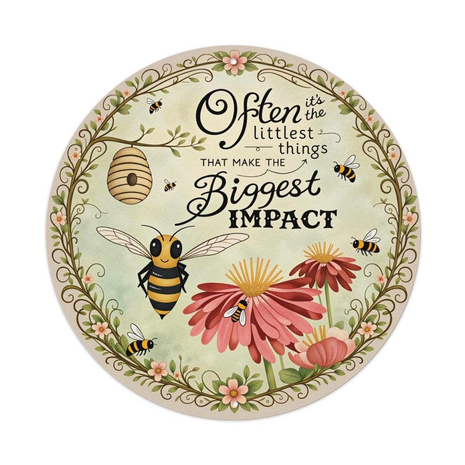Bee Floral Wreath Quote Art Round Tin Sign Vintage Style Metal Sign Home Bar Garden Wall Plaque Decor Metal Poster 8x8 Inch