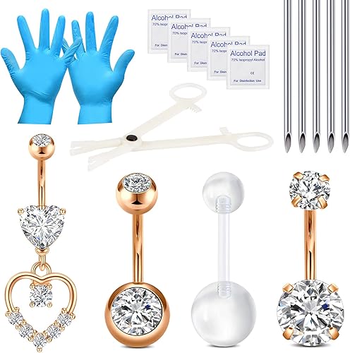 DJCIW Kit de piercings para ombligo, acero inoxidable, 0.45 onzas, agujas de perforación, juego de abrazaderas de piercing desechables para ombligo