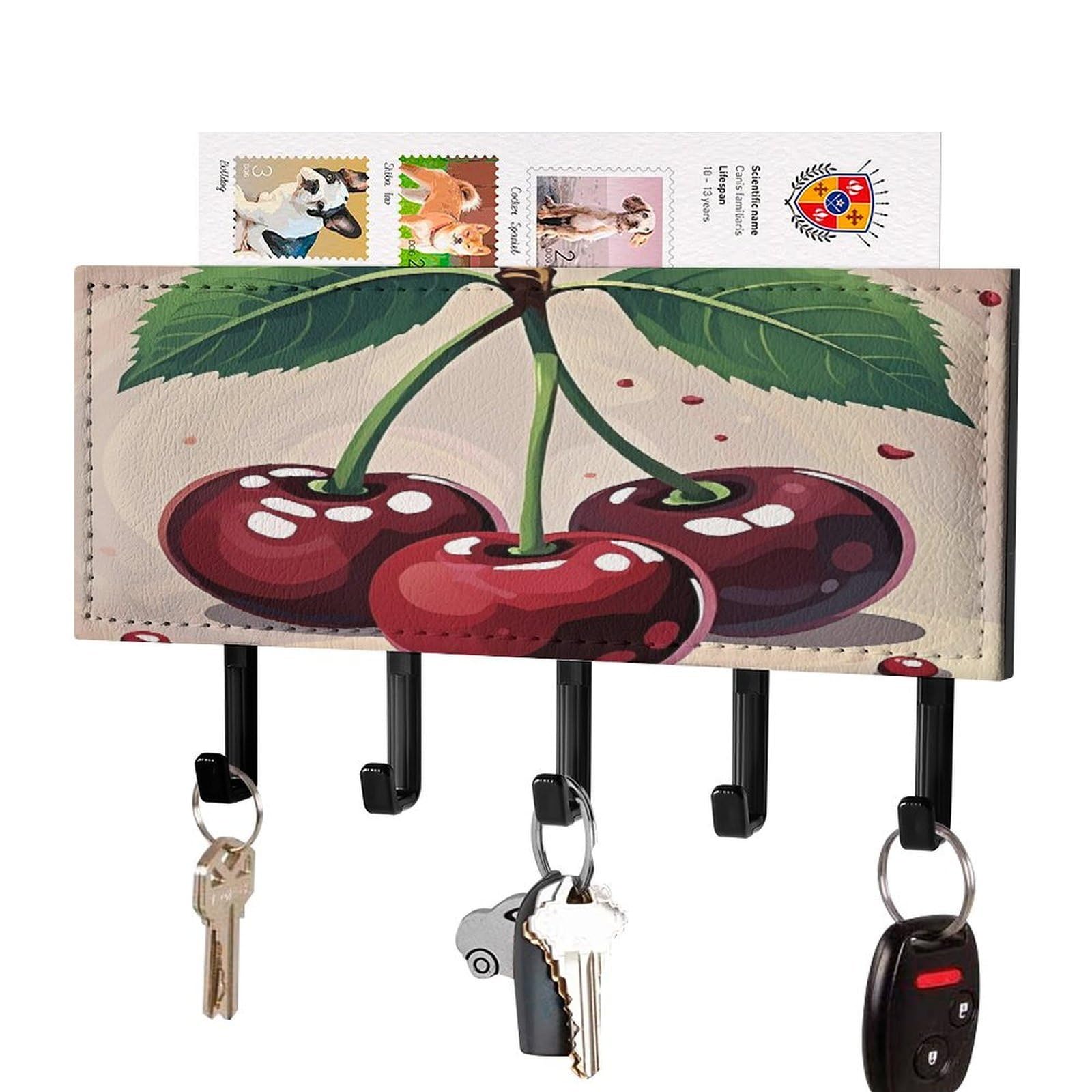 FekiLoot Cherry Fruit Key Holder Wall Mount Key Hanger with 5 Hooks Decorative Key Rack Hanging Key Hooks with Mail Organizer Key Holder for Wall Living Room Kitchen Bathroom Hallway Black