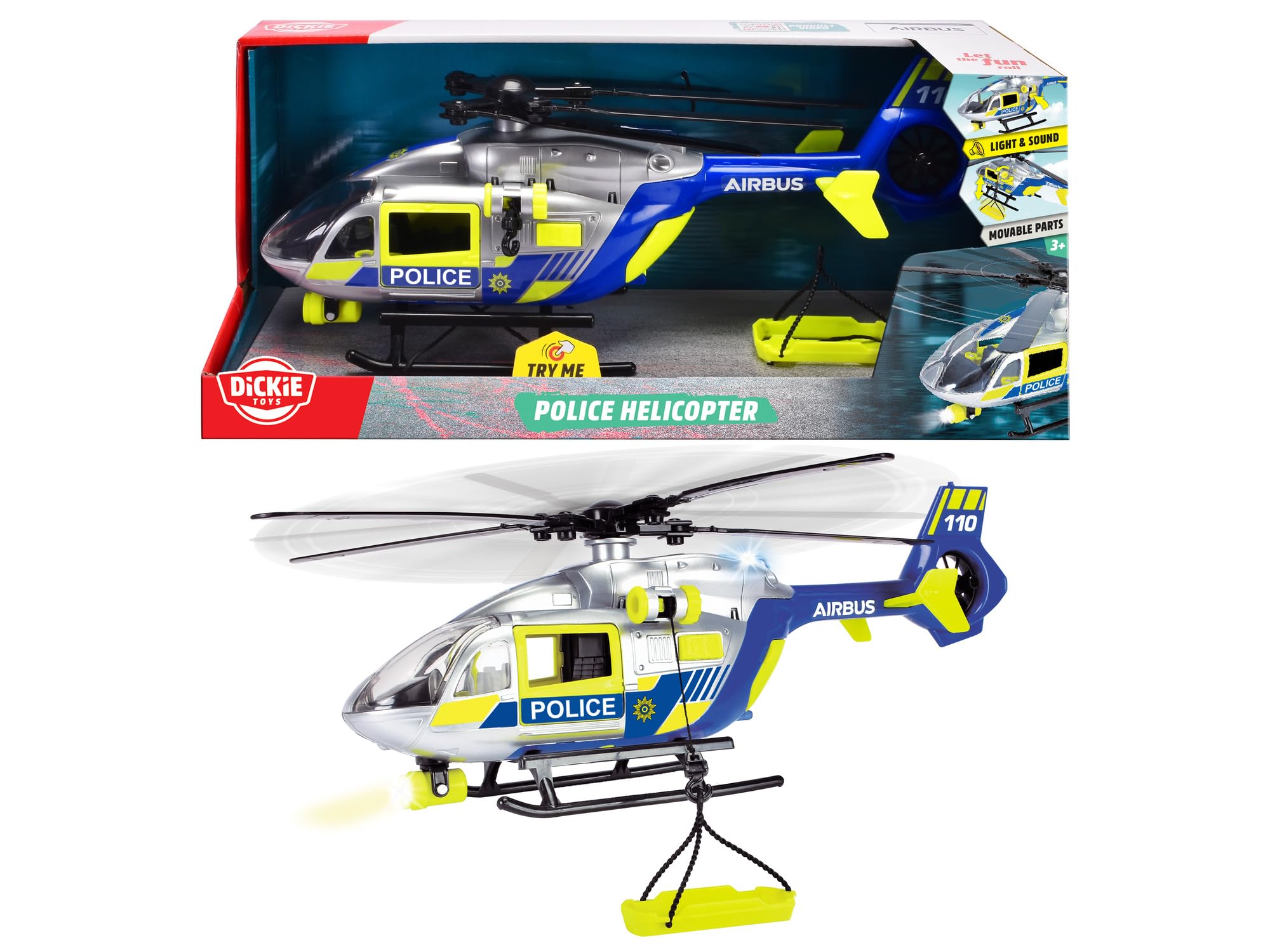 Dickie 203716028038 Police helikopter ze światłami, dźwiękiem, wciągarką i noszami, 203716028038