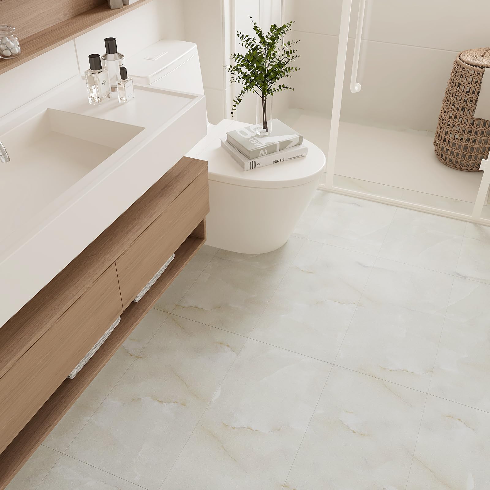 VEELIKE Suelo Vinilo Efecto Marmol Beige Vinilo Suelo Autoadhesivo Baño Impermeable Vinilos Cocina Azulejos Suelos de Vinilo Adhesivos para Suelos Comedor Vinilo Suelo Dormitorio 60cmx30cm 24 Piezas
