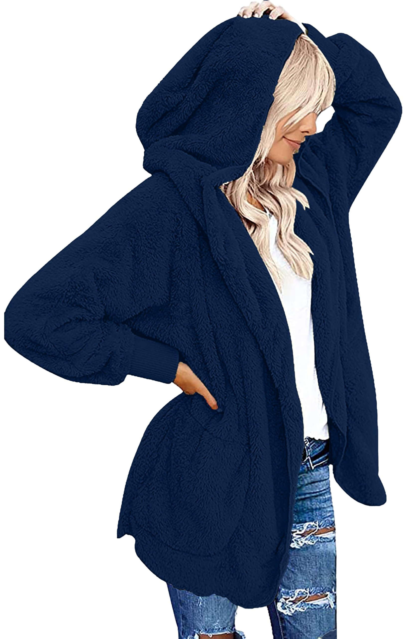 chicgal Womens Fuzzy Jacket Hooded Cardigan Open Front Sherpa Coat Outwear with Pockets-picture-52