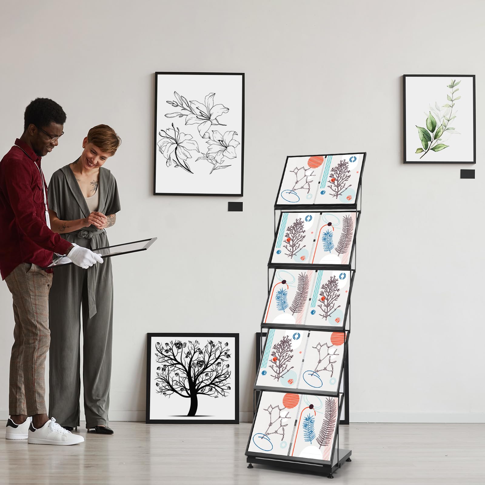 AmazingSpark Faltbarer Zeitschriftenständer mit 5 Ebenen, tragbarer Prospektständer, Literaturmagazin-Präsentationsständer, schwarzes Metall, 10 Taschen, doppelte A4-Größe, mit Tragetasche, für Messe