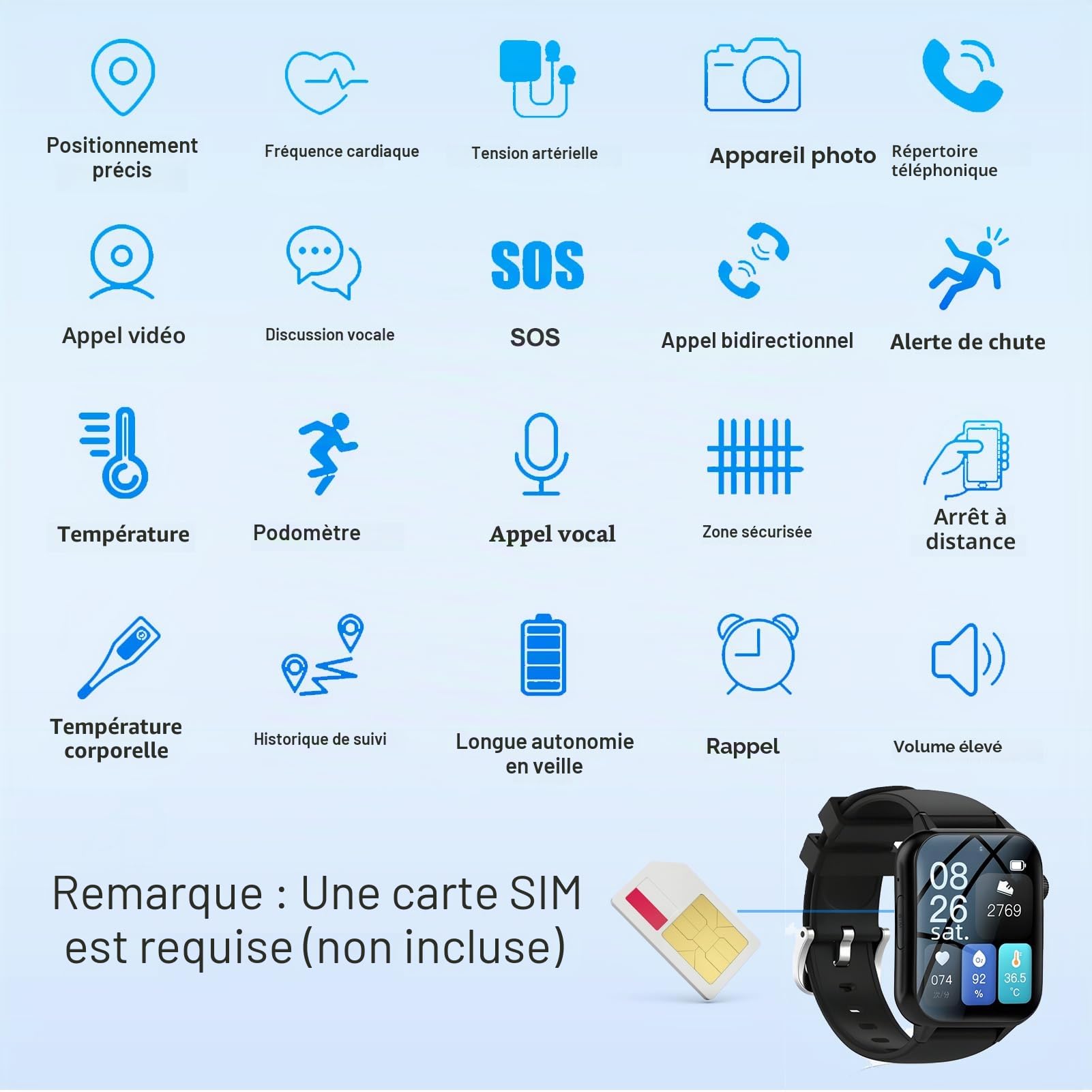 Montre Connectée 4G pour Seniors avec SOS, Détection de Chute, Localisation GPS en Temps Réel, Appels Bidirectionnels, IP67 Étanche, Grand Écran 1,83'', Carte Nano SIM Requise,Noir
