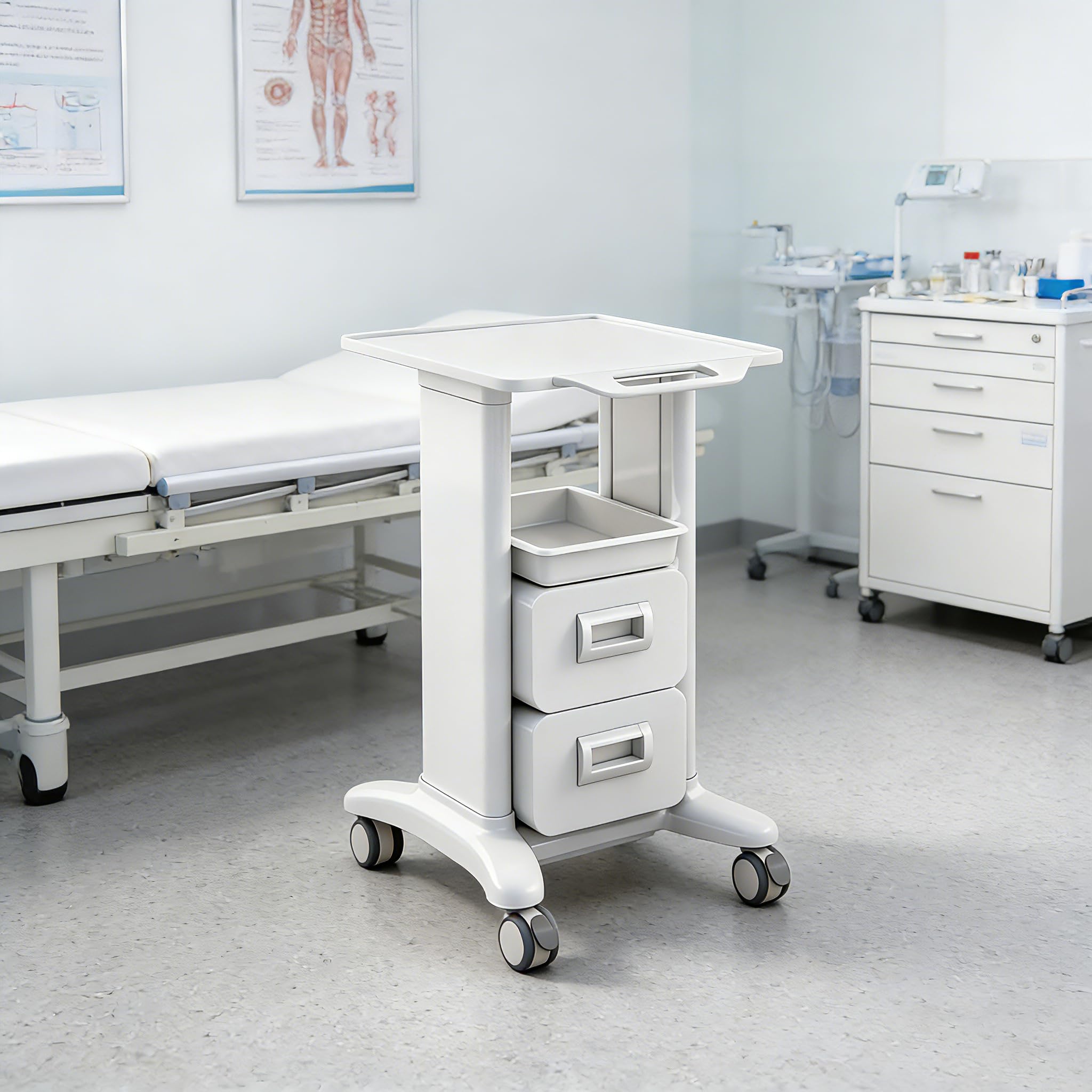 Carrello da Laboratorio a 3 Ripiani Portata 102kg, Carrello Medico con 2 Cassetti, 1 Vassoio e 4 Ruote, Materiale ABS per Clinica, Ospedale e Salone, Bianco (Bianco, doppio cassetto)