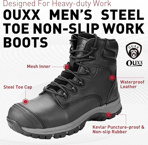Miniatura 2 de OUXX Botas de trabajo para hombres, impermeables, punta de acero YKK con cremallera antideslizante de cuero, a prueba de pinchazos, transpirables,