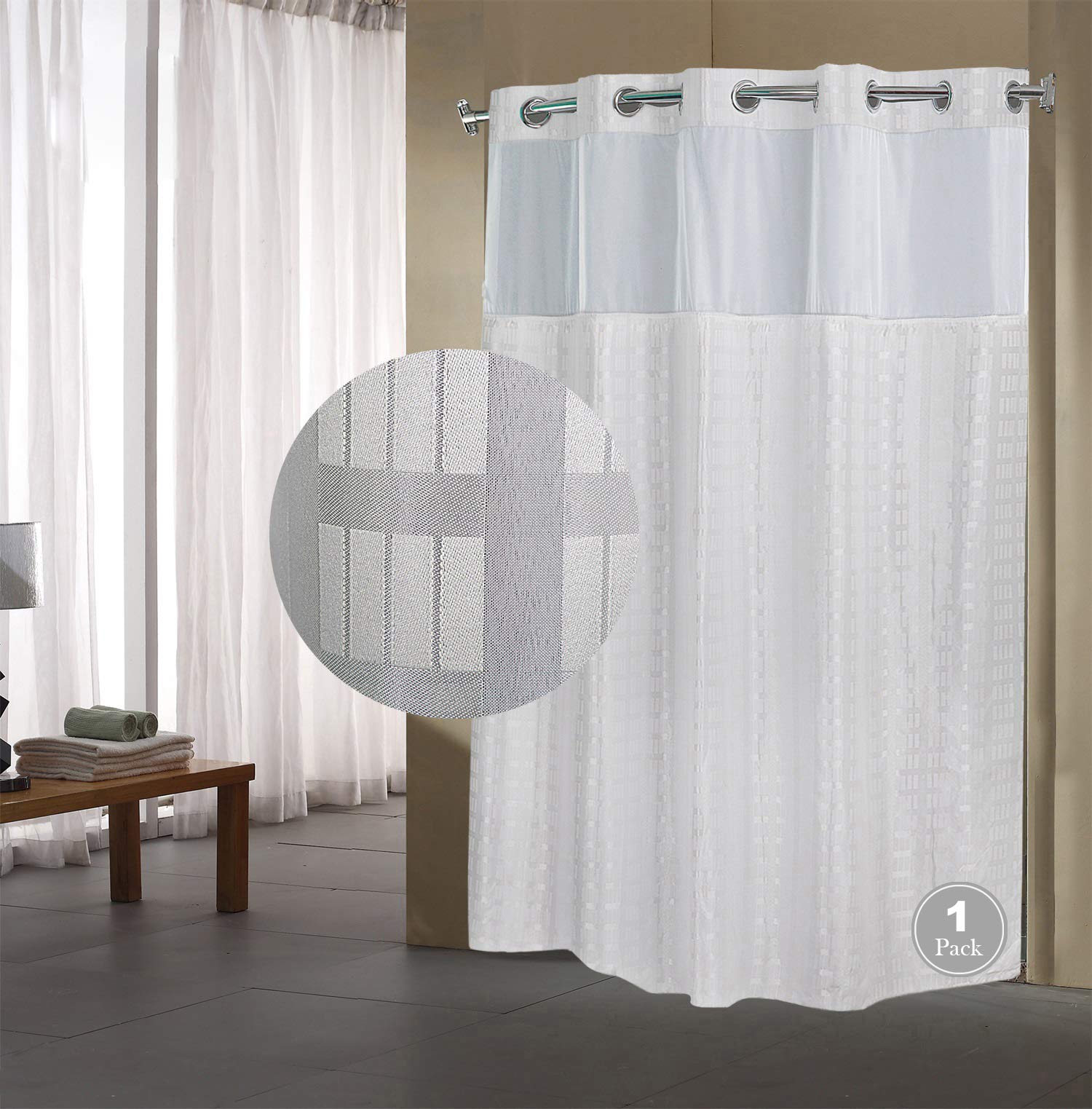 QKHOOK Hook Less Shower Curtains with Liner 71x77 Inch Checker Pattern Two Layers Fabric Shower Curtains Replaceable Lining Water Resistant, 1 Pack
