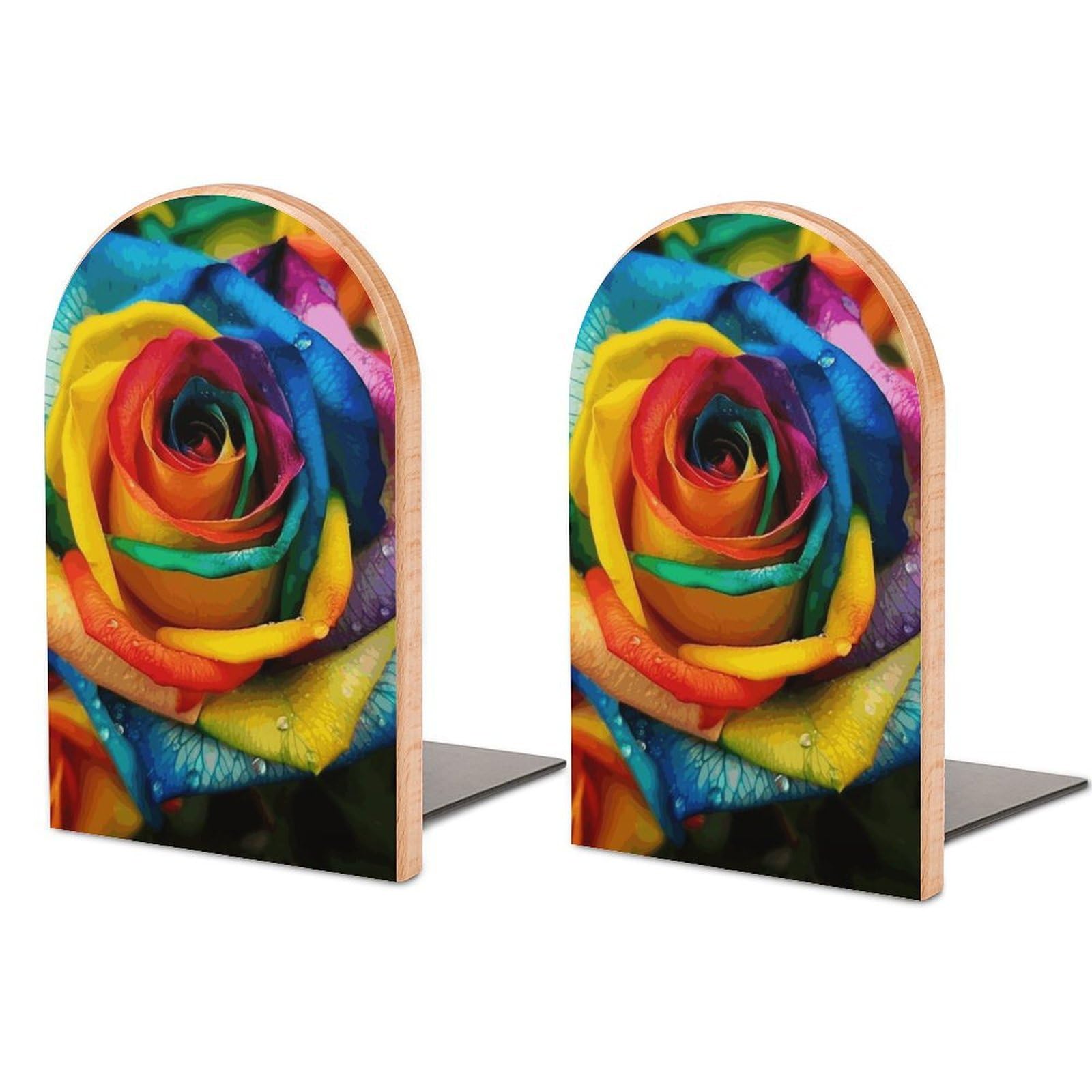 Rainbow Rose Bookend Modern Bookends for Shelves Non-Skid Book Holder Heavy Duty Metal Book Storage for Books CDs Decorative Book Stopper for Home