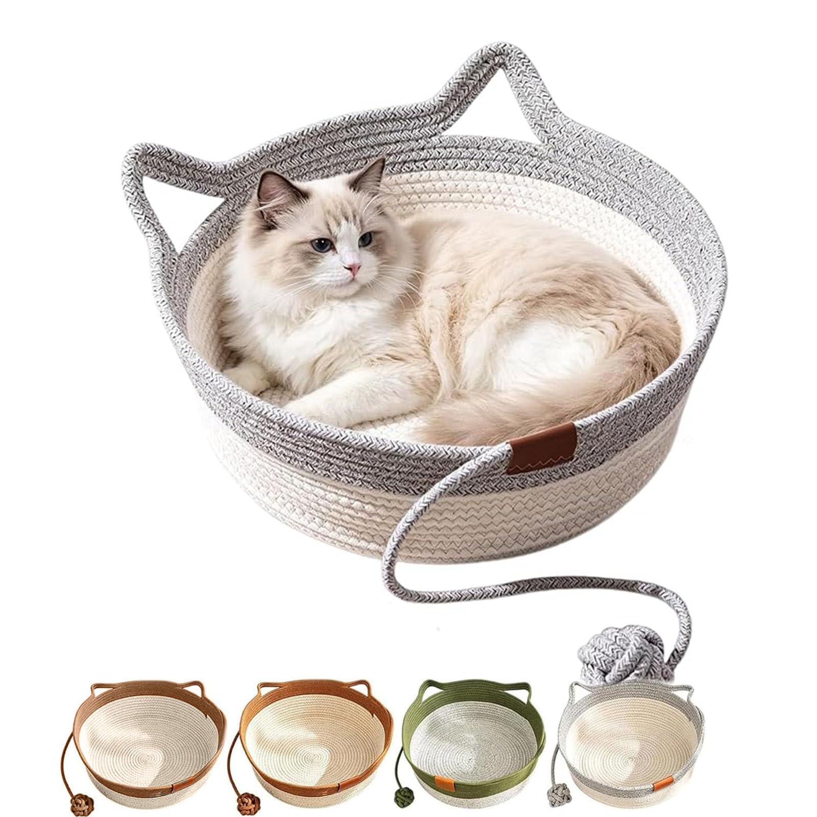 Instinct Basket for Cats, Cat Instinct Basket, Handwoven Cat Basket with Hanging Ball Toy, Cotton Rope Cat Bedbasket, Sleeping Nest Scratcher Mat for Kitten Puppy Small Cats & Dogs，L: Gray