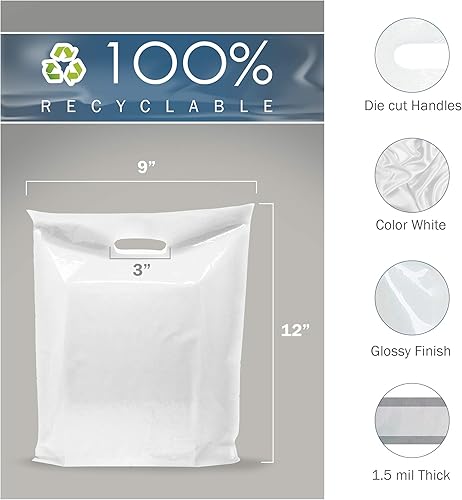 Miniatura 2 de White Merchandise - Bolsas de plástico para compras, paquete de 100 unidades de 9 x 12 pulgadas con 1.5 mil de grosor, asas troqueladas, perfectas