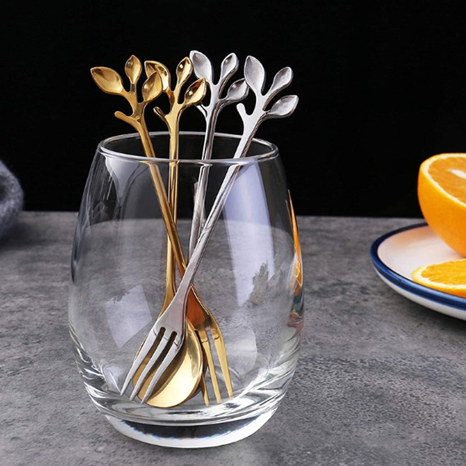 Löffel Restaurants Kreative Edelstahl Löffel Zweig Blätter Gabel Kaffee Küchenzubehör Geschirr Dekoration Esslöffel Hause(Gold Spoon)