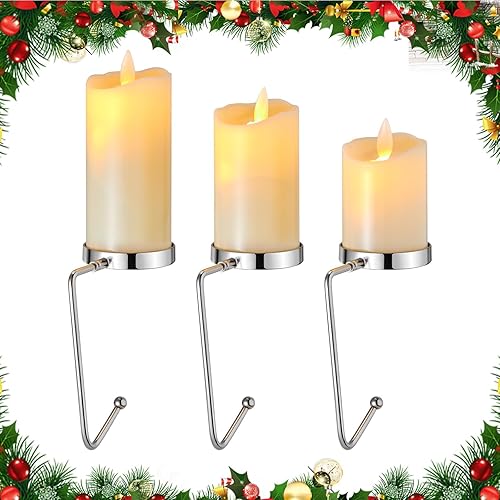 Miniatura 2 de Minetom Juego de 3 soportes para calcetines de Navidad para el manto LED, velas votivas parpadeantes sin llama para chimenea, gancho para calcetines