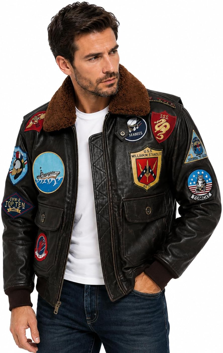 Mens Top G-1 Aviator 3 Bomber Jacket - Military Patch Leather Flight Coat USAAF Pilot Jacket for Men