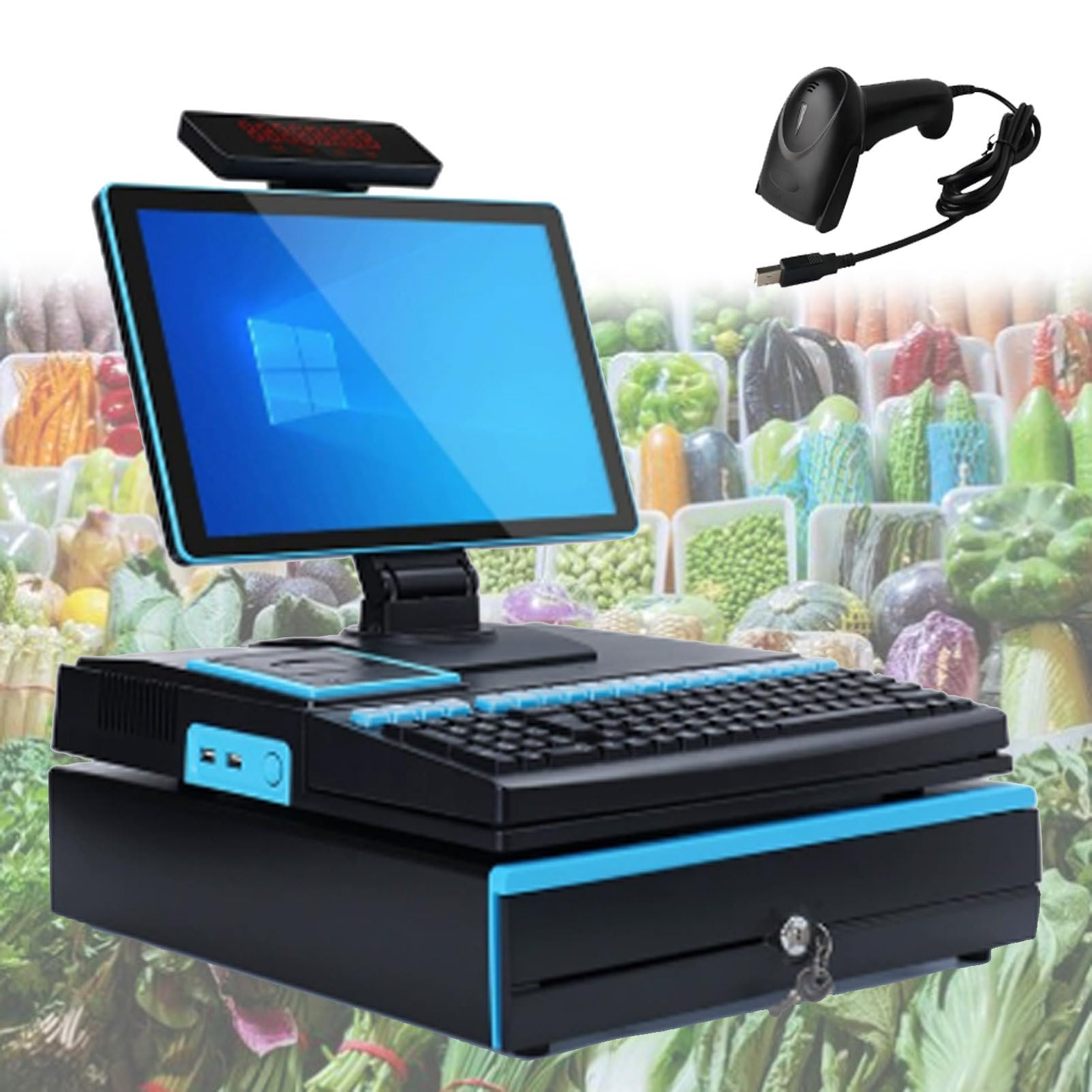 Pvxa Blue 15.6 Inch Touch Screen, Cash Register, Keyboard, Built-In 58Mm Printer, Complete Package, Pos Computer, Factory Point Of Sale, Cash Register, For Small Business Singlescreen
