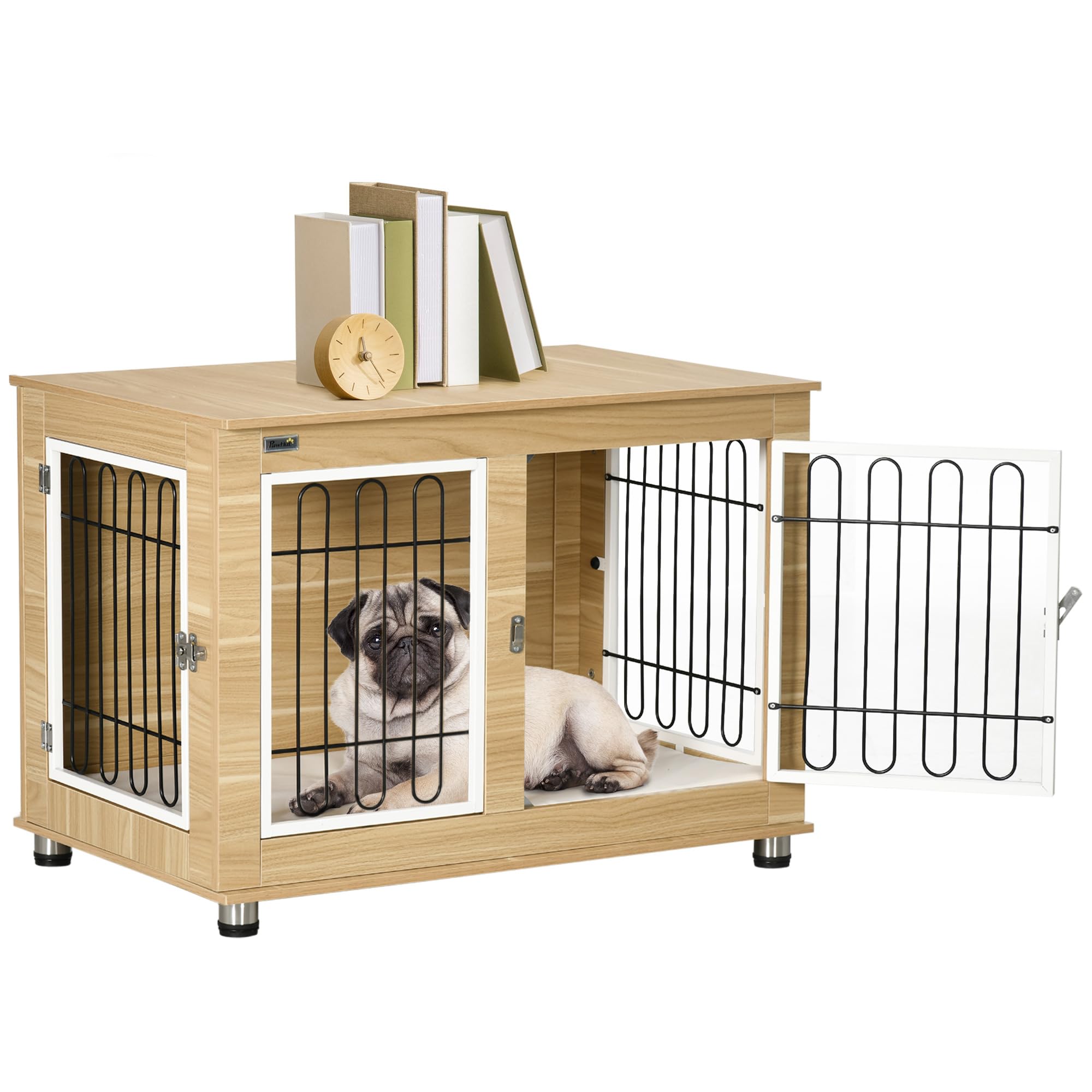 PawHut Jaula para Perros Mesa Auxiliar con Cojín Lavable Casa para Mascotas con Estructura de Acero para Perros Medianos y Grandes 90x58x65 cm Roble